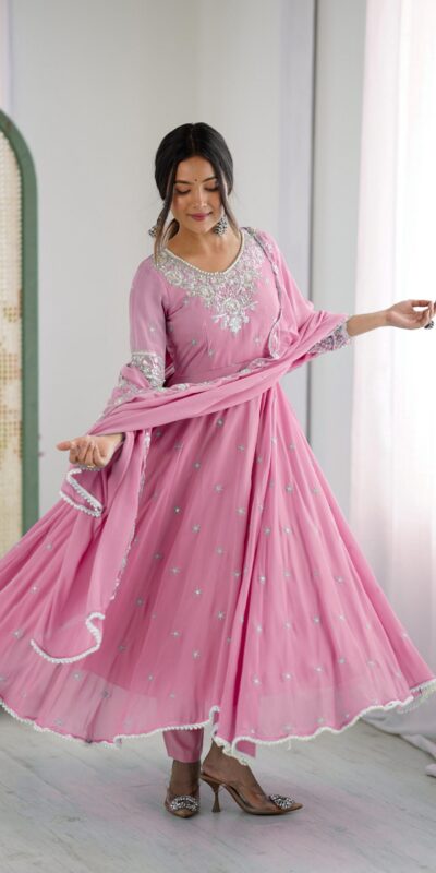 ZF 5012 Pink Blooming Faux Gown with Embroidery Work. Wedding, Party, Festive, Events Grab it for ₹2149. Delivery 4-6 Working Days. Shop now. | Lehenga, Bollywood Lehenga, Creative Lehenga, Designer Lehenga, Embroidered Lehenga, Party Wear Lehenga