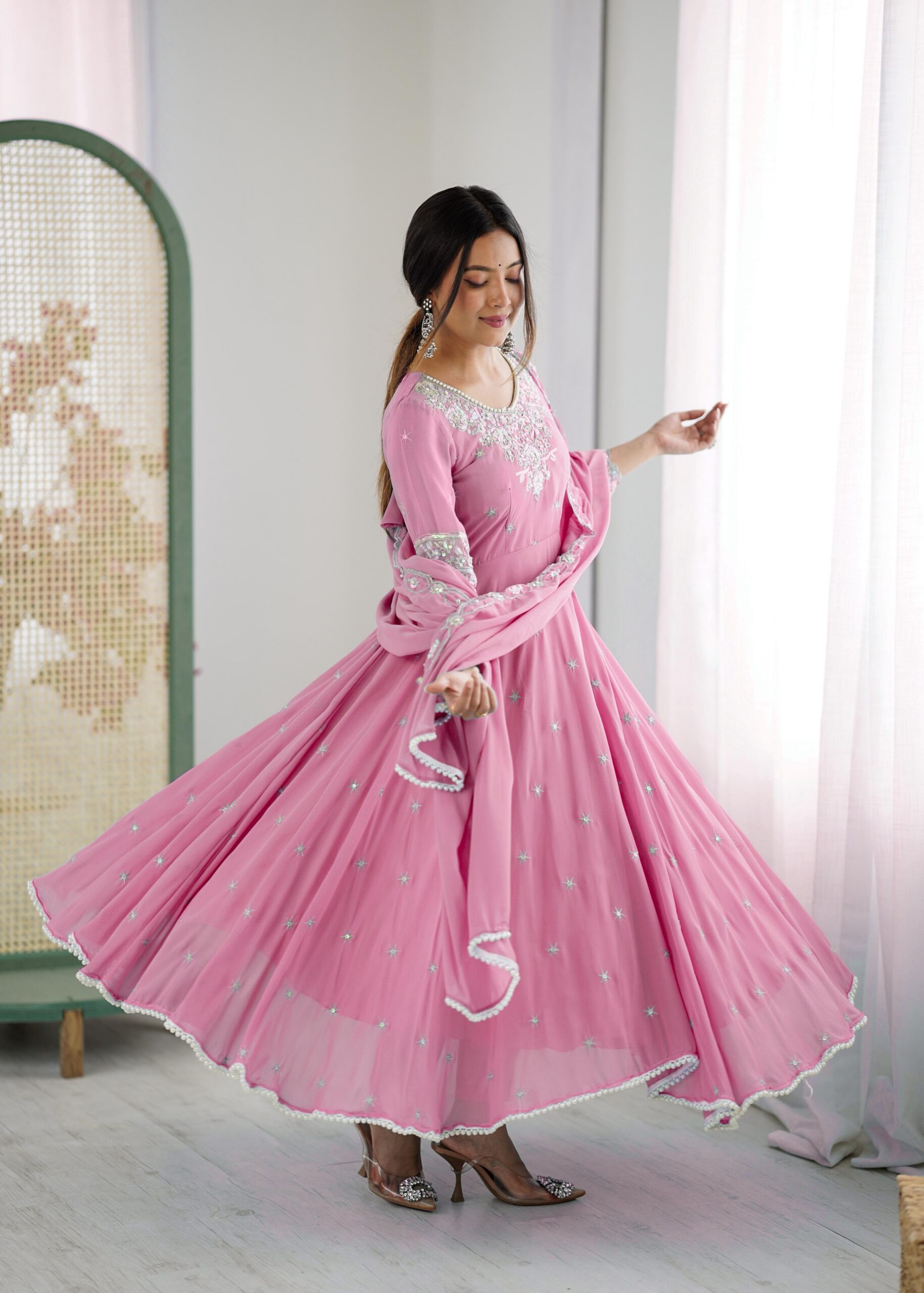 ZF 5012 Pink Blooming Faux Gown with Embroidery Work. Wedding, Party, Festive, Events Grab it for ₹2149. Delivery 4-6 Working Days. Shop now. | Lehenga, Bollywood Lehenga, Creative Lehenga, Designer Lehenga, Embroidered Lehenga, Party Wear Lehenga