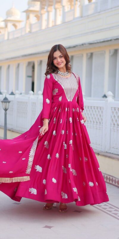 Ram 062 Pink Fox Georgette Gown Perfect for Wedding, Party, Family Gatherings, Durga Puja, Eid – . Festive Deal ₹1799. Delivery 4-6 Working Days. Shop no | Gowns, Bollywood Gowns, Creative Gowns, Designer Gowns, Embroidered Gowns, Party Wear Gowns