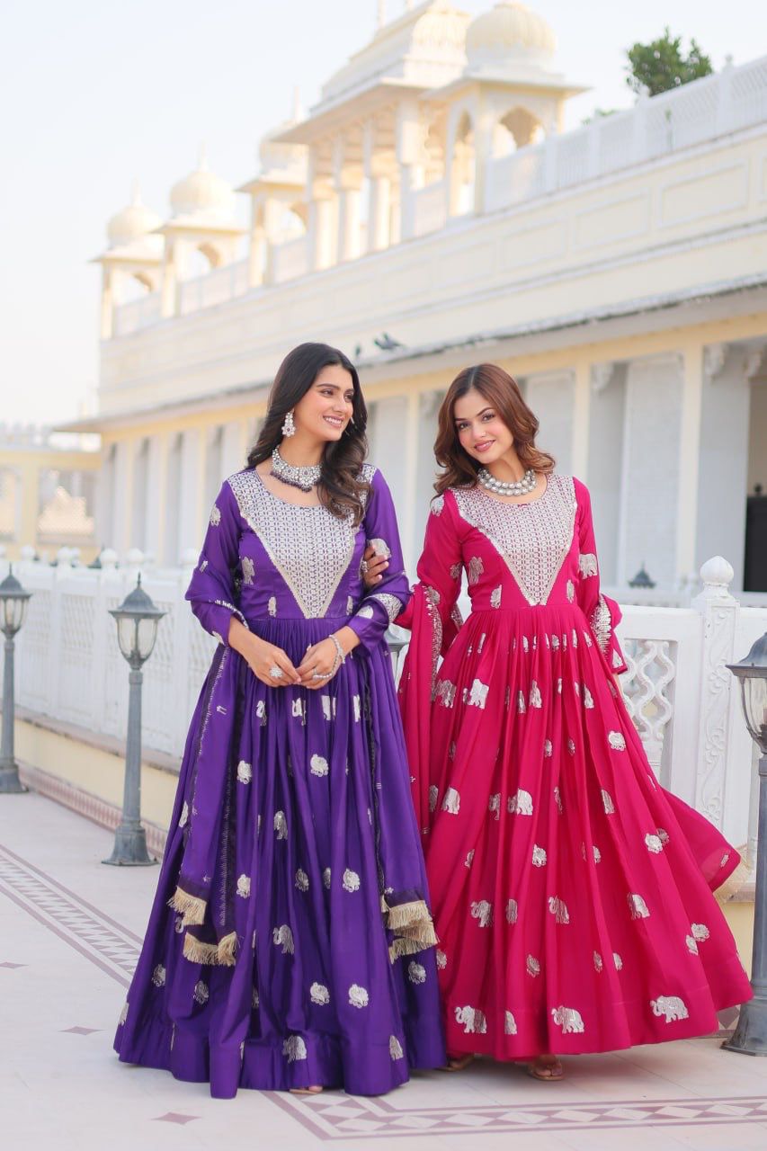 Ram 062 Pink Fox Georgette Gown Perfect for Wedding, Party, Family Gatherings, Durga Puja, Eid – . Festive Deal ₹1799. Delivery 4-6 Working Days. Shop no | Gowns, Bollywood Gowns, Creative Gowns, Designer Gowns, Embroidered Gowns, Party Wear Gowns