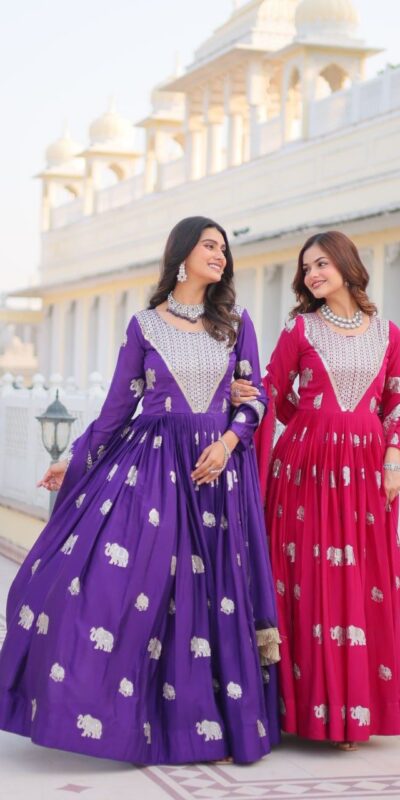 Ram 062 Pink Fox Georgette Gown Perfect for Wedding, Party, Family Gatherings, Durga Puja, Eid – . Festive Deal ₹1799. Delivery 4-6 Working Days. Shop no | Gowns, Bollywood Gowns, Creative Gowns, Designer Gowns, Embroidered Gowns, Party Wear Gowns