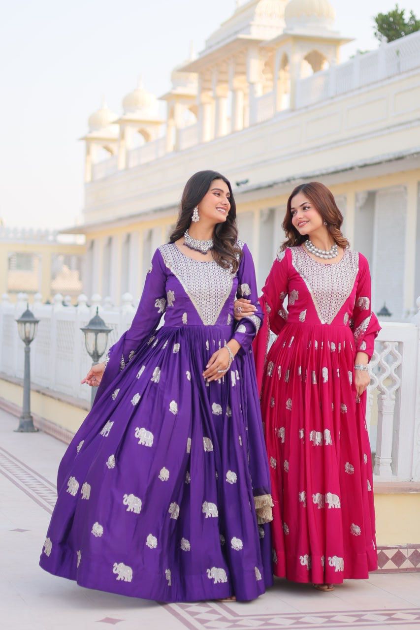 Ram 062 Pink Fox Georgette Gown Perfect for Wedding, Party, Family Gatherings, Durga Puja, Eid – . Festive Deal ₹1799. Delivery 4-6 Working Days. Shop no | Gowns, Bollywood Gowns, Creative Gowns, Designer Gowns, Embroidered Gowns, Party Wear Gowns