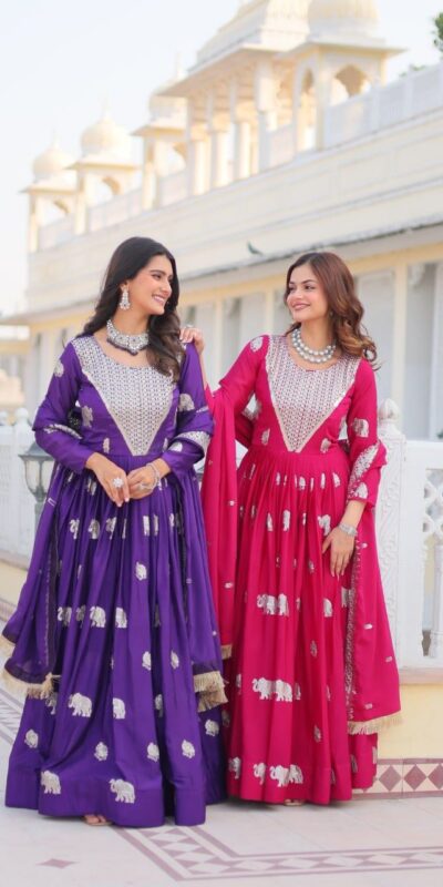 Ram 062 Pink Fox Georgette Gown Perfect for Wedding, Party, Family Gatherings, Durga Puja, Eid – . Festive Deal ₹1799. Delivery 4-6 Working Days. Shop no | Gowns, Bollywood Gowns, Creative Gowns, Designer Gowns, Embroidered Gowns, Party Wear Gowns