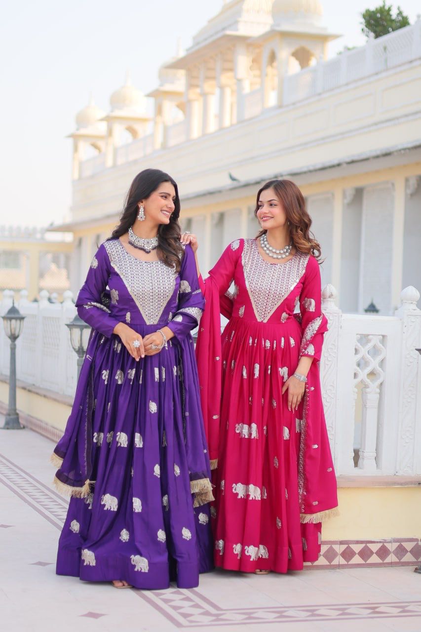 Ram 062 Pink Fox Georgette Gown Perfect for Wedding, Party, Family Gatherings, Durga Puja, Eid – . Festive Deal ₹1799. Delivery 4-6 Working Days. Shop no | Gowns, Bollywood Gowns, Creative Gowns, Designer Gowns, Embroidered Gowns, Party Wear Gowns