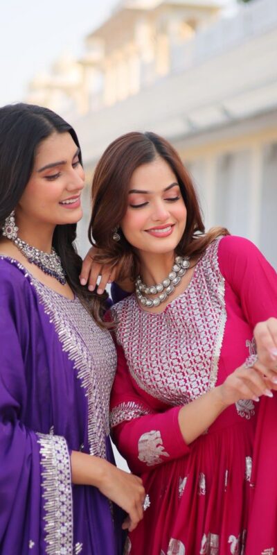 Ram 062 Pink Fox Georgette Gown Perfect for Wedding, Party, Family Gatherings, Durga Puja, Eid – . Festive Deal ₹1799. Delivery 4-6 Working Days. Shop no | Gowns, Bollywood Gowns, Creative Gowns, Designer Gowns, Embroidered Gowns, Party Wear Gowns