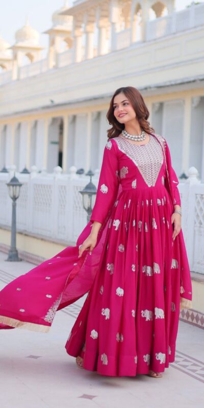 Ram 062 Pink Fox Georgette Gown Perfect for Wedding, Party, Family Gatherings, Durga Puja, Eid – . Festive Deal ₹1799. Delivery 4-6 Working Days. Shop no | Gowns, Bollywood Gowns, Creative Gowns, Designer Gowns, Embroidered Gowns, Party Wear Gowns