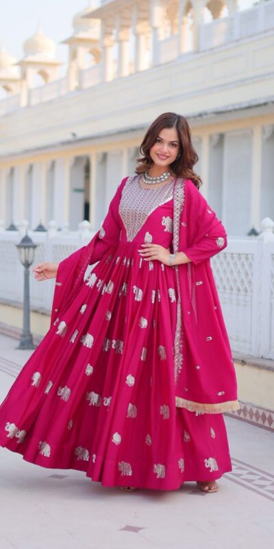 Ram 062 Pink Fox Georgette Gown Perfect for Wedding, Party, Family Gatherings, Durga Puja, Eid – . Festive Deal ₹1799. Delivery 4-6 Working Days. Shop no | Gowns, Bollywood Gowns, Creative Gowns, Designer Gowns, Embroidered Gowns, Party Wear Gowns