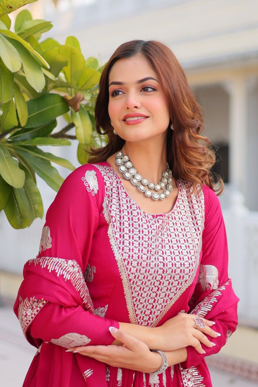 Ram 062 Pink Fox Georgette Gown Perfect for Wedding, Party, Family Gatherings, Durga Puja, Eid – . Festive Deal ₹1799. Delivery 4-6 Working Days. Shop no | Gowns, Bollywood Gowns, Creative Gowns, Designer Gowns, Embroidered Gowns, Party Wear Gowns