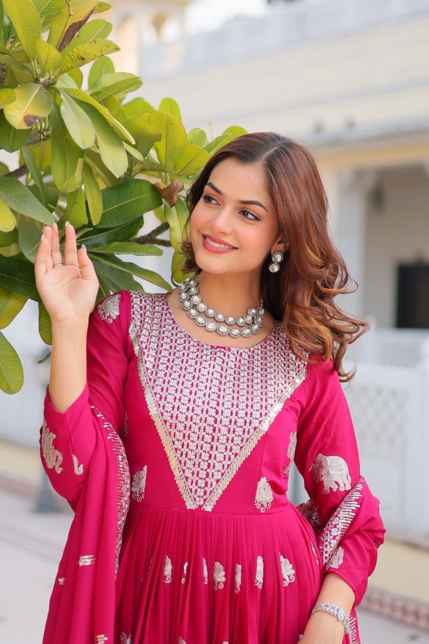 Ram 062 Pink Fox Georgette Gown Perfect for Wedding, Party, Family Gatherings, Durga Puja, Eid – . Festive Deal ₹1799. Delivery 4-6 Working Days. Shop no | Gowns, Bollywood Gowns, Creative Gowns, Designer Gowns, Embroidered Gowns, Party Wear Gowns