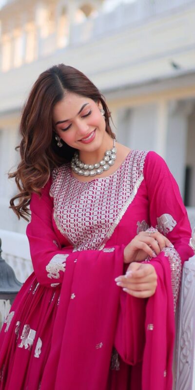 Ram 062 Pink Fox Georgette Gown Perfect for Wedding, Party, Family Gatherings, Durga Puja, Eid – . Festive Deal ₹1799. Delivery 4-6 Working Days. Shop no | Gowns, Bollywood Gowns, Creative Gowns, Designer Gowns, Embroidered Gowns, Party Wear Gowns