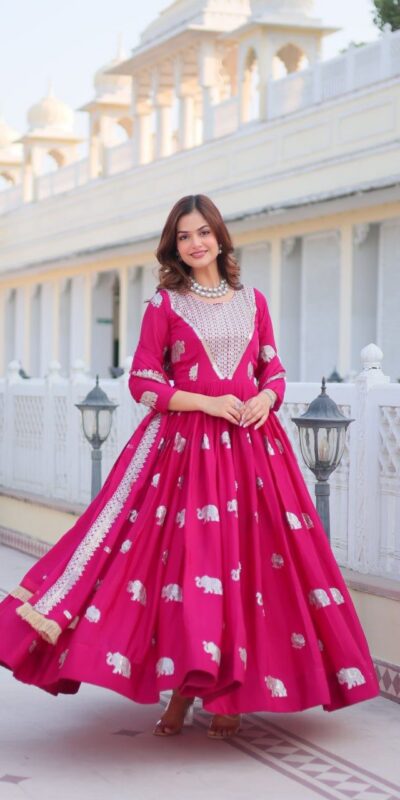 Ram 062 Pink Fox Georgette Gown Perfect for Wedding, Party, Family Gatherings, Durga Puja, Eid – . Festive Deal ₹1799. Delivery 4-6 Working Days. Shop no | Gowns, Bollywood Gowns, Creative Gowns, Designer Gowns, Embroidered Gowns, Party Wear Gowns