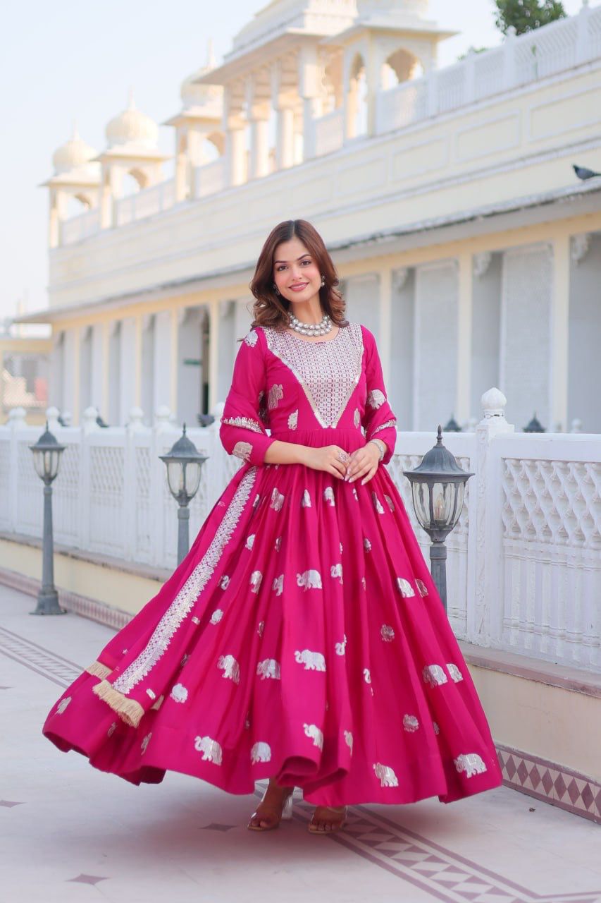 Ram 062 Pink Fox Georgette Gown Perfect for Wedding, Party, Family Gatherings, Durga Puja, Eid – . Festive Deal ₹1799. Delivery 4-6 Working Days. Shop no | Gowns, Bollywood Gowns, Creative Gowns, Designer Gowns, Embroidered Gowns, Party Wear Gowns