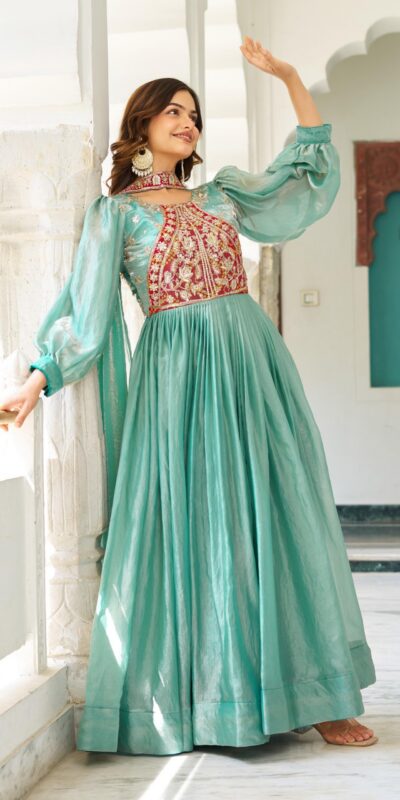 Ram 146 Pista Fendy Silk Gown With Embroidery Work. Special Price ₹2049. Wedding, Party, Festive, Events, Delivery 4-6 Working Days. Shop now. | Gowns, Bollywood Gowns, Creative Gowns, Designer Gowns, Embroidered Gowns, Party Wear Gowns
