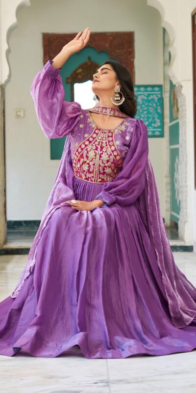 Ram 146 Purple Fendy Silk Gown With Embroidery Work. Special Price ₹2049. Wedding, Party, Festive, Events, Delivery 4-6 Working Days. Shop now. | Gowns, Bollywood Gowns, Creative Gowns, Designer Gowns, Embroidered Gowns, Party Wear Gowns