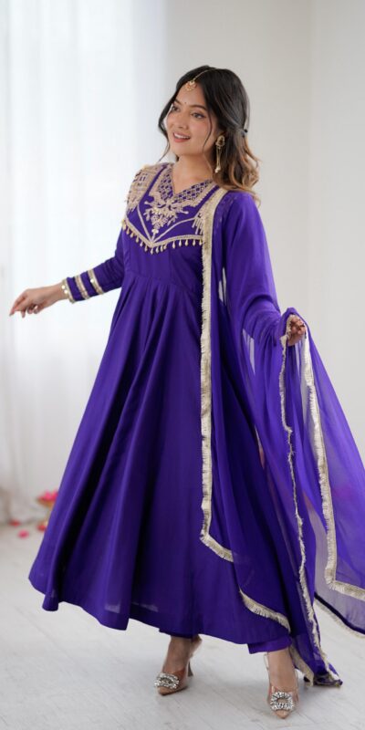 ZSR 3149 Purple Roman silk Gown Perfect for Wedding, Party, Sangeet, Haldi, Lohri – . Introductory Price ₹2099. Delivery 4-6 Working Days. Shop now. | Gowns, Bollywood Gowns, Creative Gowns, Designer Gowns, Embroidered Gowns, Party Wear Gowns
