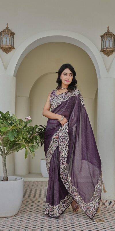 Ram 010 Purple Color Silver Crunchy Saree with Embroidery Work. Special Price ₹2149. Delivery 4-6 Working Days. Shop now. | Sarees, Bollywood Sarees, Creative Sarees, Designer Sarees, Embroidered Sarees, Ethnic Saree, Modern Digital sarees, Party Wear Sarees
