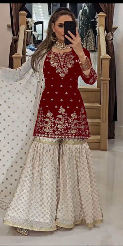 VLM 264 Red in Fox Georgette Embroidery Work & Lace Work Salwar Suit . Best Price ₹2399. Delivery 4-6 Working Days. Shop now. | Jump Suits, Tops & Bottoms, Track Suits, Salwar suit, Casual Suits, Creative suits, Designer Suits, Palazzo Suits, Party Wear Suits, Patiala Suits, Straight Suits, Trendy Wear