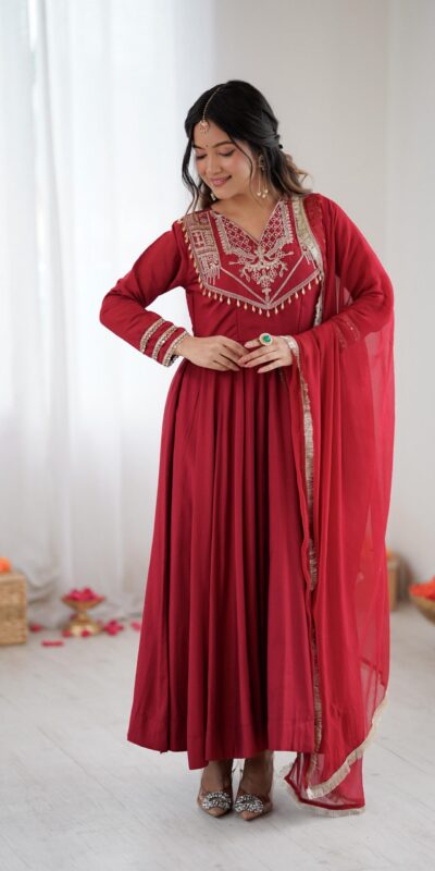 ZSR 3149 Red Roman silk Gown Perfect for Wedding, Party, Sangeet, Haldi, Lohri – . Introductory Price ₹2099. Delivery 4-6 Working Days. Shop now. | Lehenga, Bollywood Lehenga, Creative Lehenga, Designer Lehenga, Embroidered Lehenga, Party Wear Lehenga
