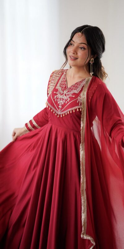 ZSR 3149 Red Roman silk Gown Perfect for Wedding, Party, Sangeet, Haldi, Lohri – . Introductory Price ₹2099. Delivery 4-6 Working Days. Shop now. | Gowns, Bollywood Gowns, Creative Gowns, Designer Gowns, Embroidered Gowns, Party Wear Gowns