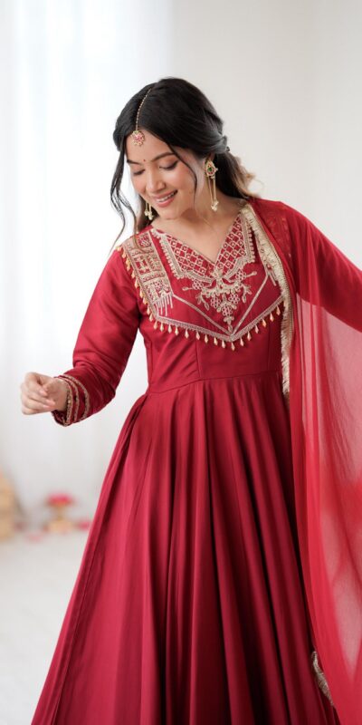 ZSR 3149 Red Roman silk Gown Perfect for Wedding, Party, Sangeet, Haldi, Lohri – . Introductory Price ₹2099. Delivery 4-6 Working Days. Shop now. | Gowns, Bollywood Gowns, Creative Gowns, Designer Gowns, Embroidered Gowns, Party Wear Gowns