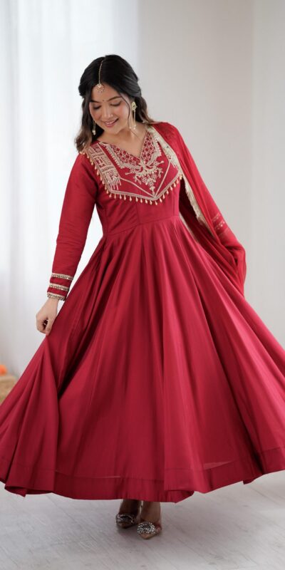 ZSR 3149 Red Roman silk Gown Perfect for Wedding, Party, Sangeet, Haldi, Lohri – . Introductory Price ₹2099. Delivery 4-6 Working Days. Shop now. | Gowns, Bollywood Gowns, Creative Gowns, Designer Gowns, Embroidered Gowns, Party Wear Gowns