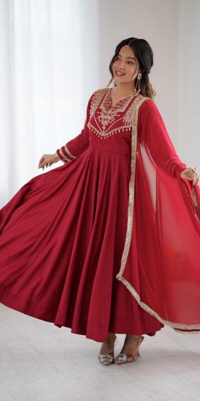 ZSR 3149 Red Roman silk Gown Perfect for Wedding, Party, Sangeet, Haldi, Lohri – . Introductory Price ₹2099. Delivery 4-6 Working Days. Shop now. | Gowns, Bollywood Gowns, Creative Gowns, Designer Gowns, Embroidered Gowns, Party Wear Gowns