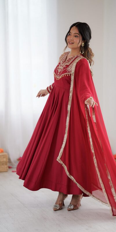 ZSR 3149 Red Roman silk Gown Perfect for Wedding, Party, Sangeet, Haldi, Lohri – . Introductory Price ₹2099. Delivery 4-6 Working Days. Shop now. | Gowns, Bollywood Gowns, Creative Gowns, Designer Gowns, Embroidered Gowns, Party Wear Gowns