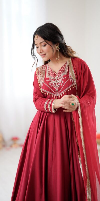 ZSR 3149 Red Roman silk Gown Perfect for Wedding, Party, Sangeet, Haldi, Lohri – . Introductory Price ₹2099. Delivery 4-6 Working Days. Shop now. | Lehenga, Bollywood Lehenga, Creative Lehenga, Designer Lehenga, Embroidered Lehenga, Party Wear Lehenga