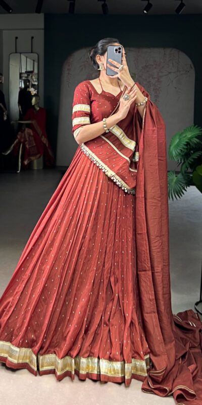 LNB 1664 Rust Pure Chanderi Lehenga Choli Perfect for Wedding, Party, Family Gatherings, Festival Celebrations, Grab it for ₹2999. Delivery 4-6 Days | Lehenga, Bollywood Lehenga, Creative Lehenga, Designer Lehenga, Embroidered Lehenga, Party Wear Lehenga