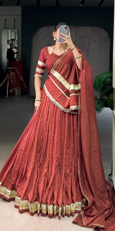 LNB 1664 Rust Pure Chanderi Lehenga Choli Perfect for Wedding, Party, Family Gatherings, Festival Celebrations, Grab it for ₹2999. Delivery 4-6 Days | Lehenga, Bollywood Lehenga, Creative Lehenga, Designer Lehenga, Embroidered Lehenga, Party Wear Lehenga