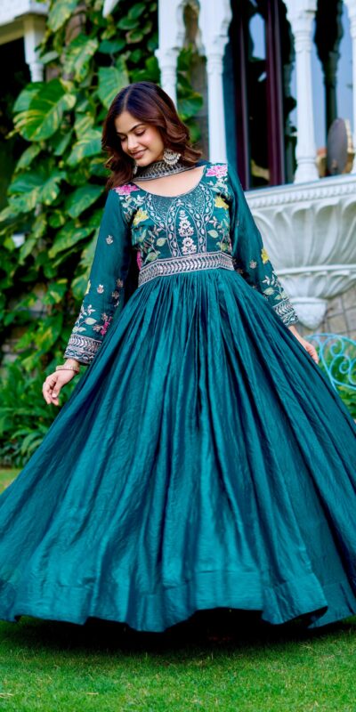 Ram 138 Teal Fendy silk Embroidery Work Gown in. Wedding, Party, Festive, Events, Best Price ₹2149. Delivery 4-6 Working Days. Shop now. | Gowns, Bollywood Gowns, Creative Gowns, Designer Gowns, Embroidered Gowns, Party Wear Gowns