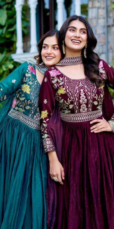 Ram 138 Teal Fendy silk Embroidery Work Gown in. Wedding, Party, Festive, Events, Best Price ₹2149. Delivery 4-6 Working Days. Shop now. | Gowns, Bollywood Gowns, Creative Gowns, Designer Gowns, Embroidered Gowns, Party Wear Gowns