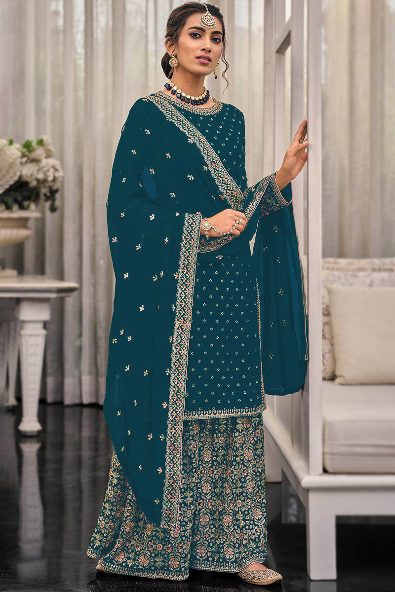 FC 1448 Teal Georgette Salwar Suit with Embroidery Work & Lace Work. Exclusive Offer ₹2599. Delivery 4-6 Working Days. Shop now. | Jump Suits, Tops & Bottoms, Track Suits, Salwar suit, Casual Suits, Creative suits, Designer Suits, Palazzo Suits, Party Wear Suits, Patiala Suits, Straight Suits, Trendy Wear