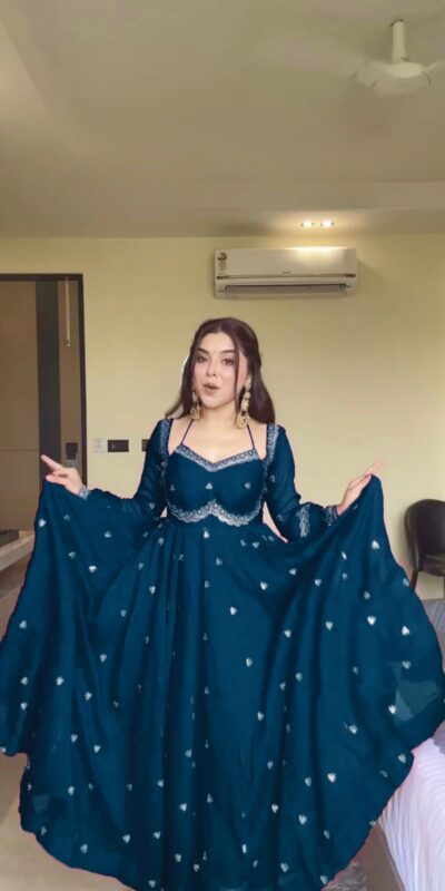 RTC 5924 Teal Georgette Thread With Sequence Gown Perfect for Wedding, Party, Reception, Holi, Eid . Available at ₹1999 only. Delivery 4-6 Working Days. | Gowns, Bollywood Gowns, Creative Gowns, Designer Gowns, Embroidered Gowns, Party Wear Gowns