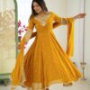 ZF 5012 Yellow Blooming Faux Gown with Embroidery Work. Wedding, Party, Festive, Events Grab it for ₹2149. Delivery 4-6 Working Days. Shop now. | Gowns, Bollywood Gowns, Creative Gowns, Designer Gowns, Embroidered Gowns, Party Wear Gowns