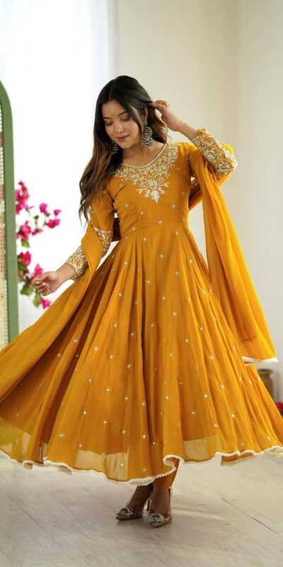 ZF 5012 Yellow Blooming Faux Gown with Embroidery Work. Wedding, Party, Festive, Events Grab it for ₹2149. Delivery 4-6 Working Days. Shop now. | Lehenga, Bollywood Lehenga, Creative Lehenga, Designer Lehenga, Embroidered Lehenga, Party Wear Lehenga