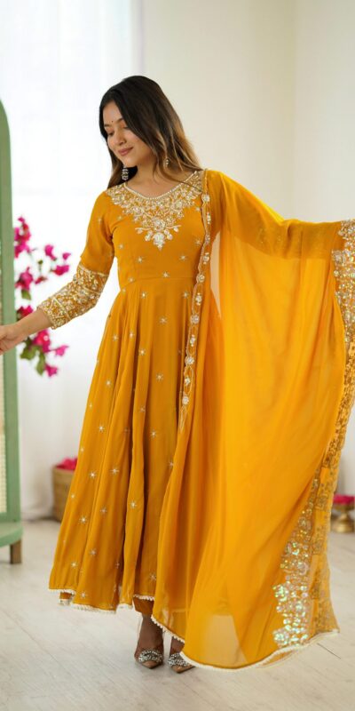 ZF 5012 Yellow Blooming Faux Gown with Embroidery Work. Wedding, Party, Festive, Events Grab it for ₹2149. Delivery 4-6 Working Days. Shop now. | Gowns, Bollywood Gowns, Creative Gowns, Designer Gowns, Embroidered Gowns, Party Wear Gowns