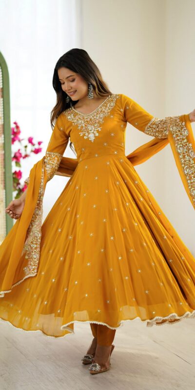 ZF 5012 Yellow Blooming Faux Gown with Embroidery Work. Wedding, Party, Festive, Events Grab it for ₹2149. Delivery 4-6 Working Days. Shop now. | Gowns, Bollywood Gowns, Creative Gowns, Designer Gowns, Embroidered Gowns, Party Wear Gowns