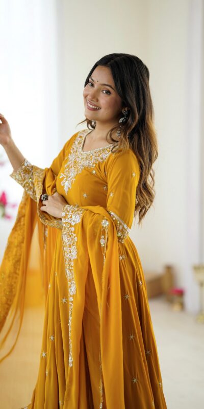 ZF 5012 Yellow Blooming Faux Gown with Embroidery Work. Wedding, Party, Festive, Events Grab it for ₹2149. Delivery 4-6 Working Days. Shop now. | Gowns, Bollywood Gowns, Creative Gowns, Designer Gowns, Embroidered Gowns, Party Wear Gowns