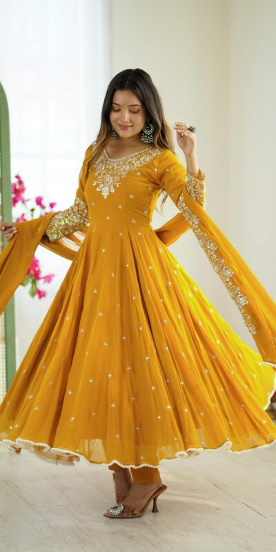 ZF 5012 Yellow Blooming Faux Gown with Embroidery Work. Wedding, Party, Festive, Events Grab it for ₹2149. Delivery 4-6 Working Days. Shop now. | Gowns, Bollywood Gowns, Creative Gowns, Designer Gowns, Embroidered Gowns, Party Wear Gowns