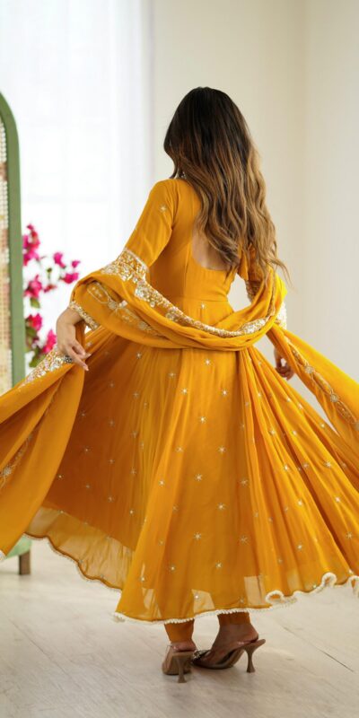 ZF 5012 Yellow Blooming Faux Gown with Embroidery Work. Wedding, Party, Festive, Events Grab it for ₹2149. Delivery 4-6 Working Days. Shop now. | Lehenga, Bollywood Lehenga, Creative Lehenga, Designer Lehenga, Embroidered Lehenga, Party Wear Lehenga