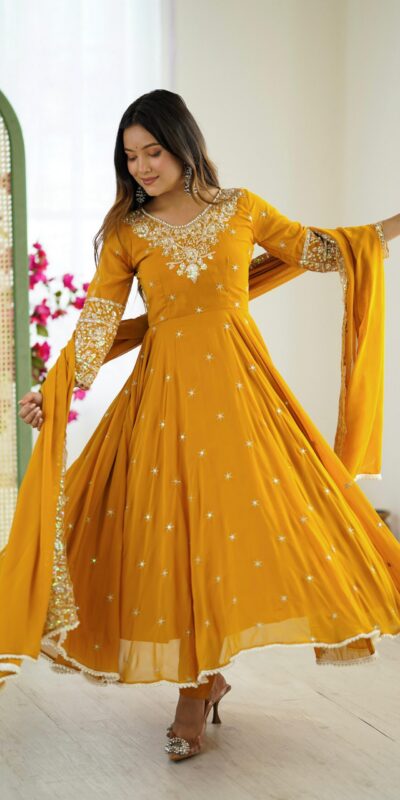 ZF 5012 Yellow Blooming Faux Gown with Embroidery Work. Wedding, Party, Festive, Events Grab it for ₹2149. Delivery 4-6 Working Days. Shop now. | Gowns, Bollywood Gowns, Creative Gowns, Designer Gowns, Embroidered Gowns, Party Wear Gowns