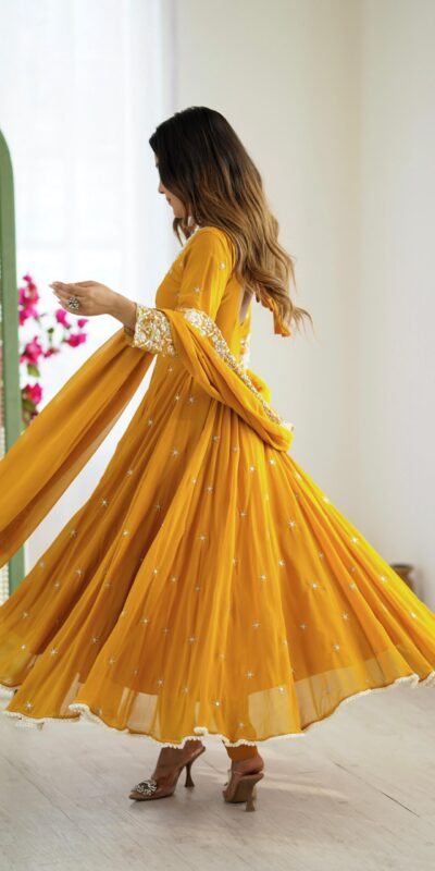 ZF 5012 Yellow Blooming Faux Gown with Embroidery Work. Wedding, Party, Festive, Events Grab it for ₹2149. Delivery 4-6 Working Days. Shop now. | Lehenga, Bollywood Lehenga, Creative Lehenga, Designer Lehenga, Embroidered Lehenga, Party Wear Lehenga