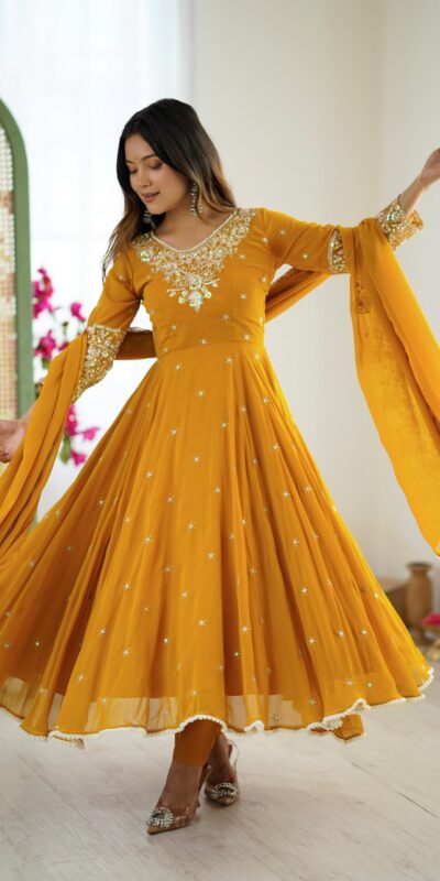 ZF 5012 Yellow Blooming Faux Gown with Embroidery Work. Wedding, Party, Festive, Events Grab it for ₹2149. Delivery 4-6 Working Days. Shop now. | Lehenga, Bollywood Lehenga, Creative Lehenga, Designer Lehenga, Embroidered Lehenga, Party Wear Lehenga