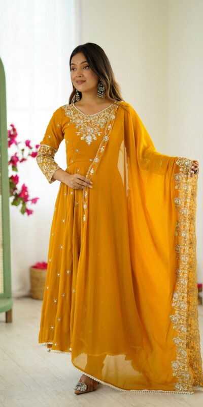 ZF 5012 Yellow Blooming Faux Gown with Embroidery Work. Wedding, Party, Festive, Events Grab it for ₹2149. Delivery 4-6 Working Days. Shop now. | Lehenga, Bollywood Lehenga, Creative Lehenga, Designer Lehenga, Embroidered Lehenga, Party Wear Lehenga