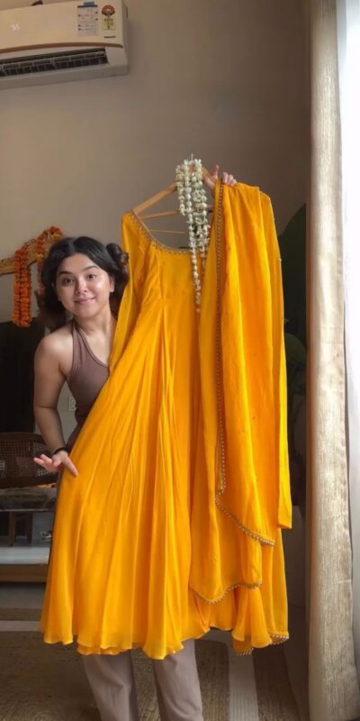 RTC 5935 Yellow Faux Georgette Gown with Lace Work. Wedding, Party, Festive, Events Exclusive Offer ₹2049. Delivery 4-6 Working Days. Shop now. | Lehenga, Bollywood Lehenga, Creative Lehenga, Designer Lehenga, Embroidered Lehenga, Party Wear Lehenga