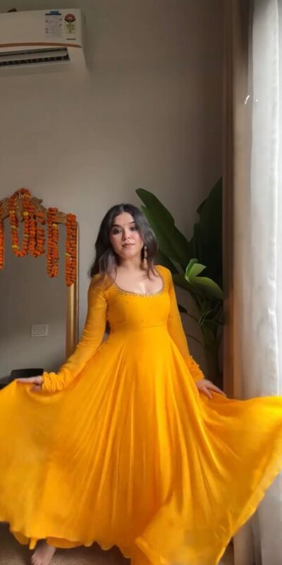 RTC 5935 Yellow Faux Georgette Gown with Lace Work. Wedding, Party, Festive, Events Exclusive Offer ₹2049. Delivery 4-6 Working Days. Shop now. | Lehenga, Bollywood Lehenga, Creative Lehenga, Designer Lehenga, Embroidered Lehenga, Party Wear Lehenga