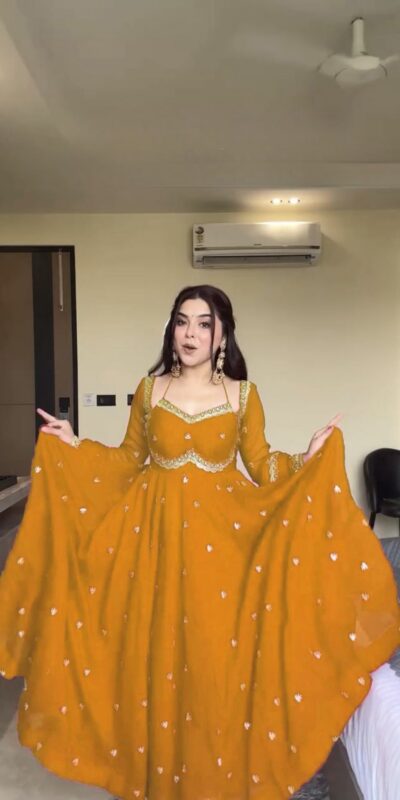 RTC 5924 Yellow Georgette Thread With Sequence Gown Perfect for Wedding, Party, Reception, Holi, Eid . Available at ₹1999 only. Delivery 4-6 Working Days. | Gowns, Bollywood Gowns, Creative Gowns, Designer Gowns, Embroidered Gowns, Party Wear Gowns