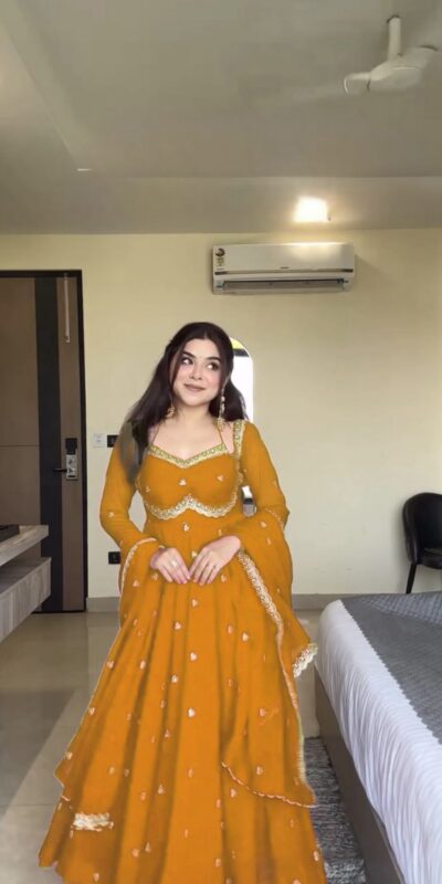 RTC 5924 Yellow Georgette Thread With Sequence Gown Perfect for Wedding, Party, Reception, Holi, Eid . Available at ₹1999 only. Delivery 4-6 Working Days. | Gowns, Bollywood Gowns, Creative Gowns, Designer Gowns, Embroidered Gowns, Party Wear Gowns