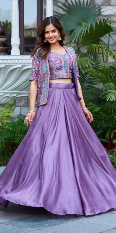 Lavender Vichitra Embroidery Thread Work Lehenga Choli